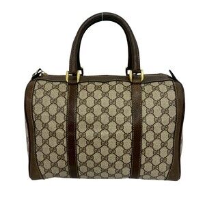 GUCCI Vintage GG Pattern Leather Handbag, Mini Boston Bag, Tote Brown (60190)